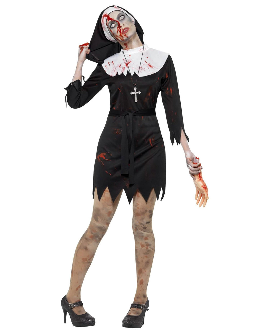 Zombie-Damenkostüm für schwarze, blutverschmierte Nonne