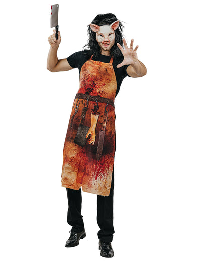 Déguisement boucher ensanglanté Halloween pour adulte marron et rouge avec tablier et masque de cochon