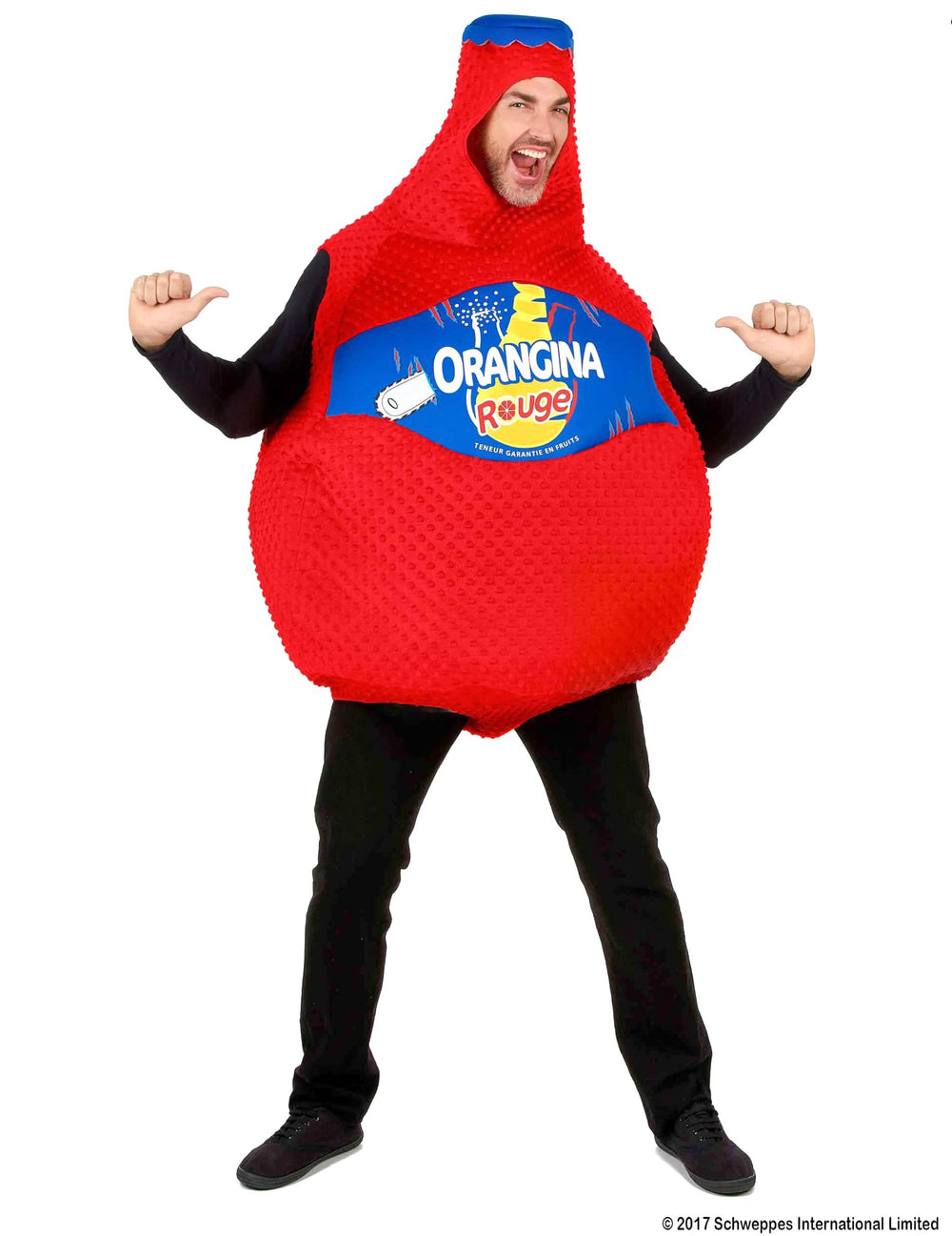 Frontansicht des Orangina-rote-Flaschenkostüms