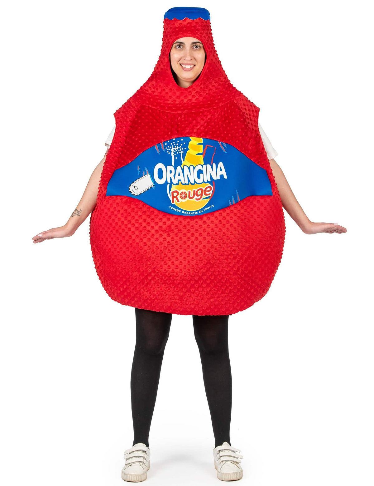 Frontansicht mit ausgestreckten Armen des Orangina-Flaschenkostüms Rot