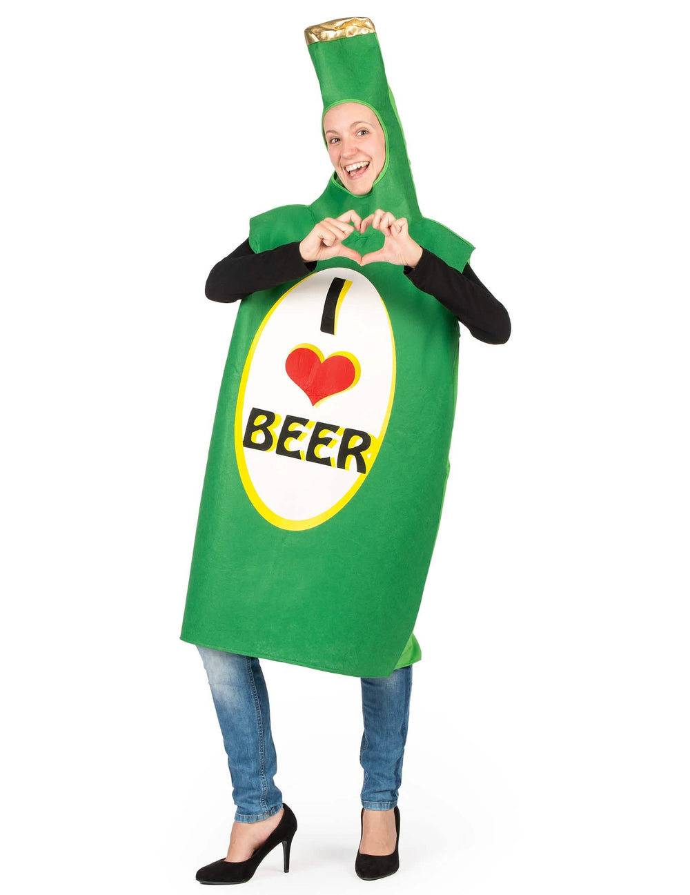 Vorderansicht, die mit den Händen ein Herz macht, des Bierflaschen-Kostüms für Erwachsene