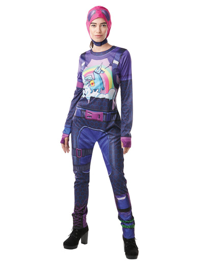 Fortnite-Brite-Bomber-Kostüm für Erwachsene in Violett mit Regenbogen-Lama-Muster und rosa Kapuze
