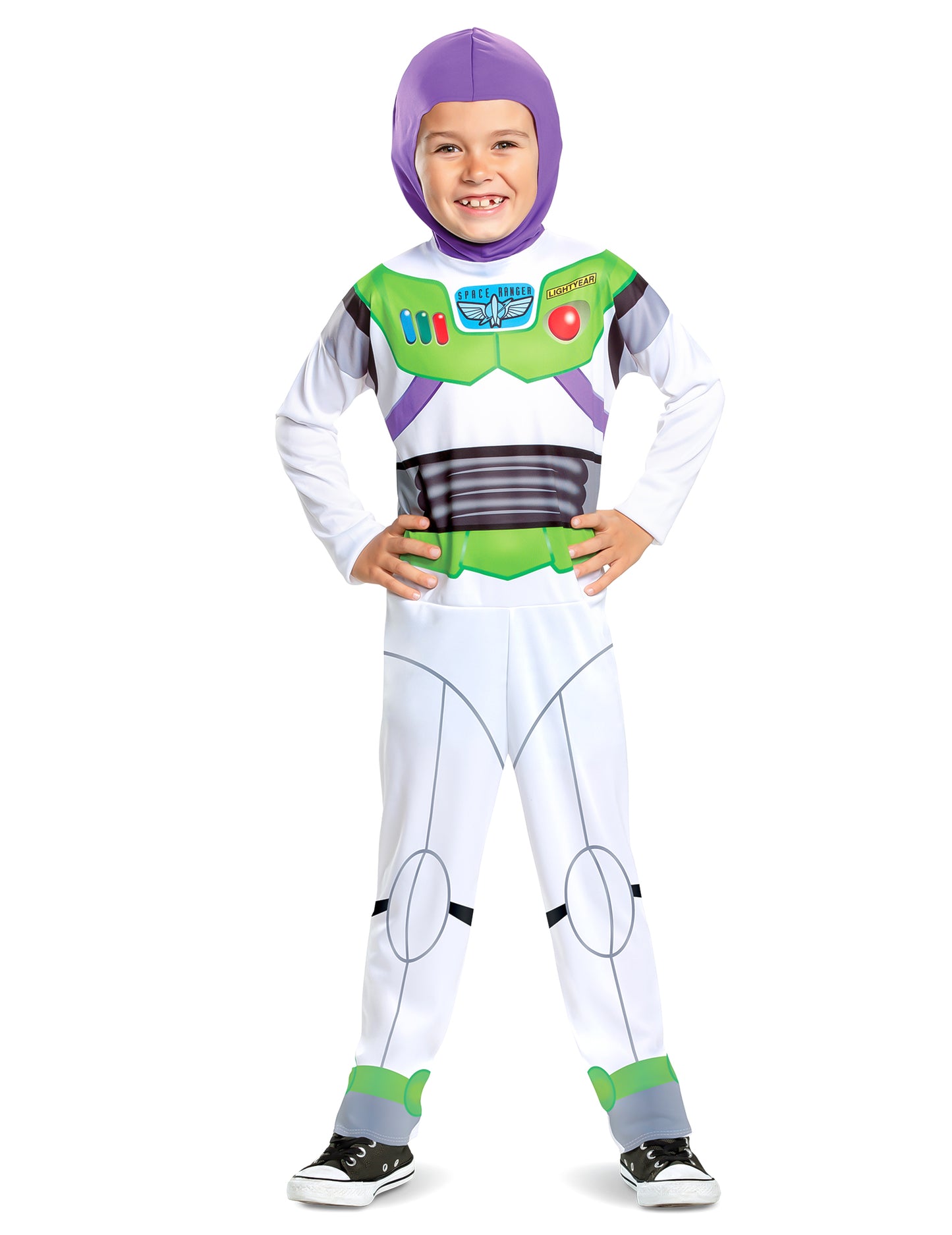 Déguisement Buzz L'éclair Toy Story classique pour enfant blanc vert et violet avec cagoule