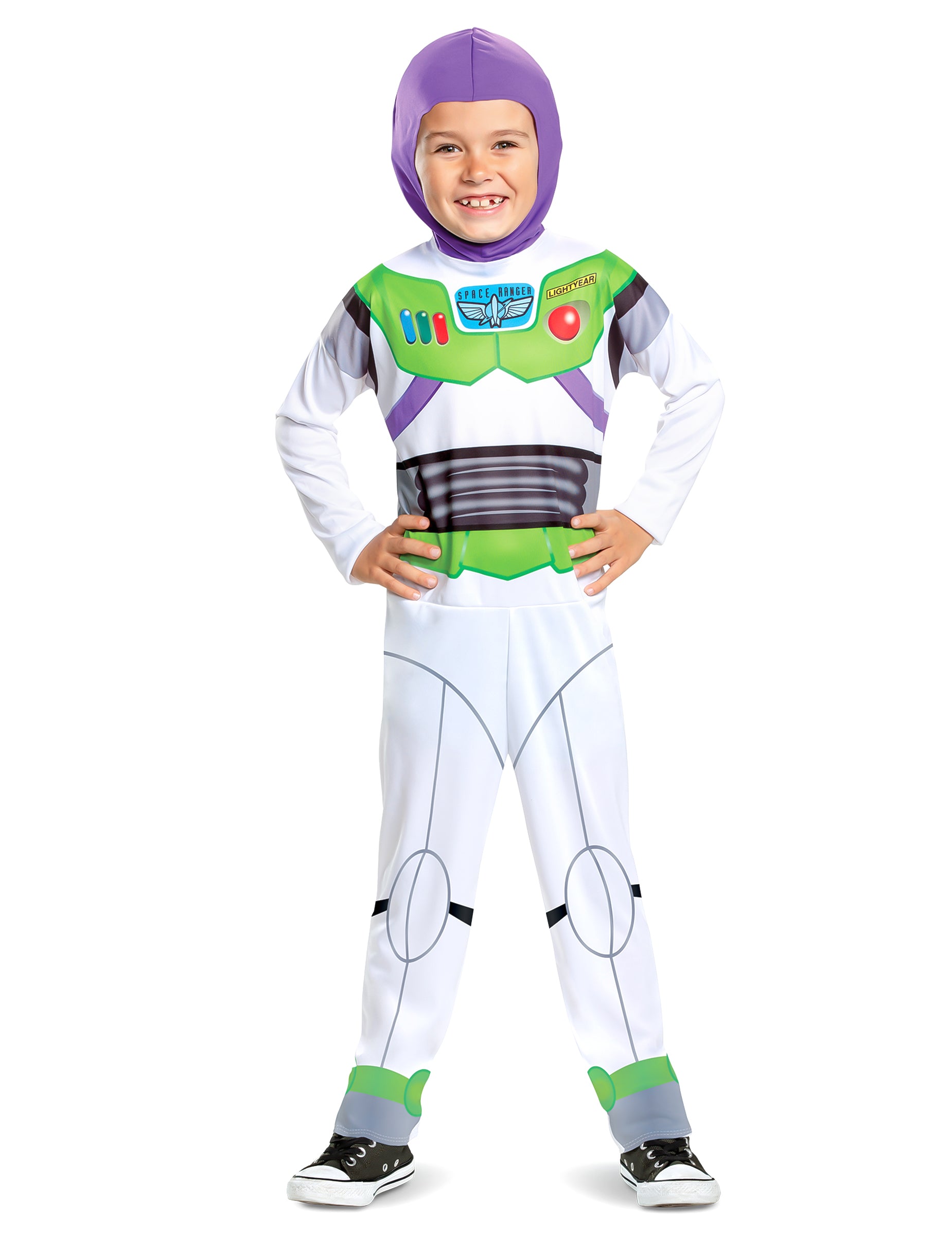 Déguisement Buzz L'éclair Toy Story classique pour enfant blanc vert et violet avec cagoule