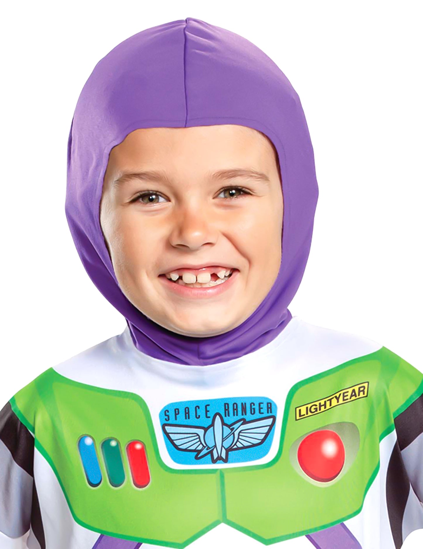 Gros plan sur la cagoule violette du déguisement Buzz L'éclair Toy Story classique