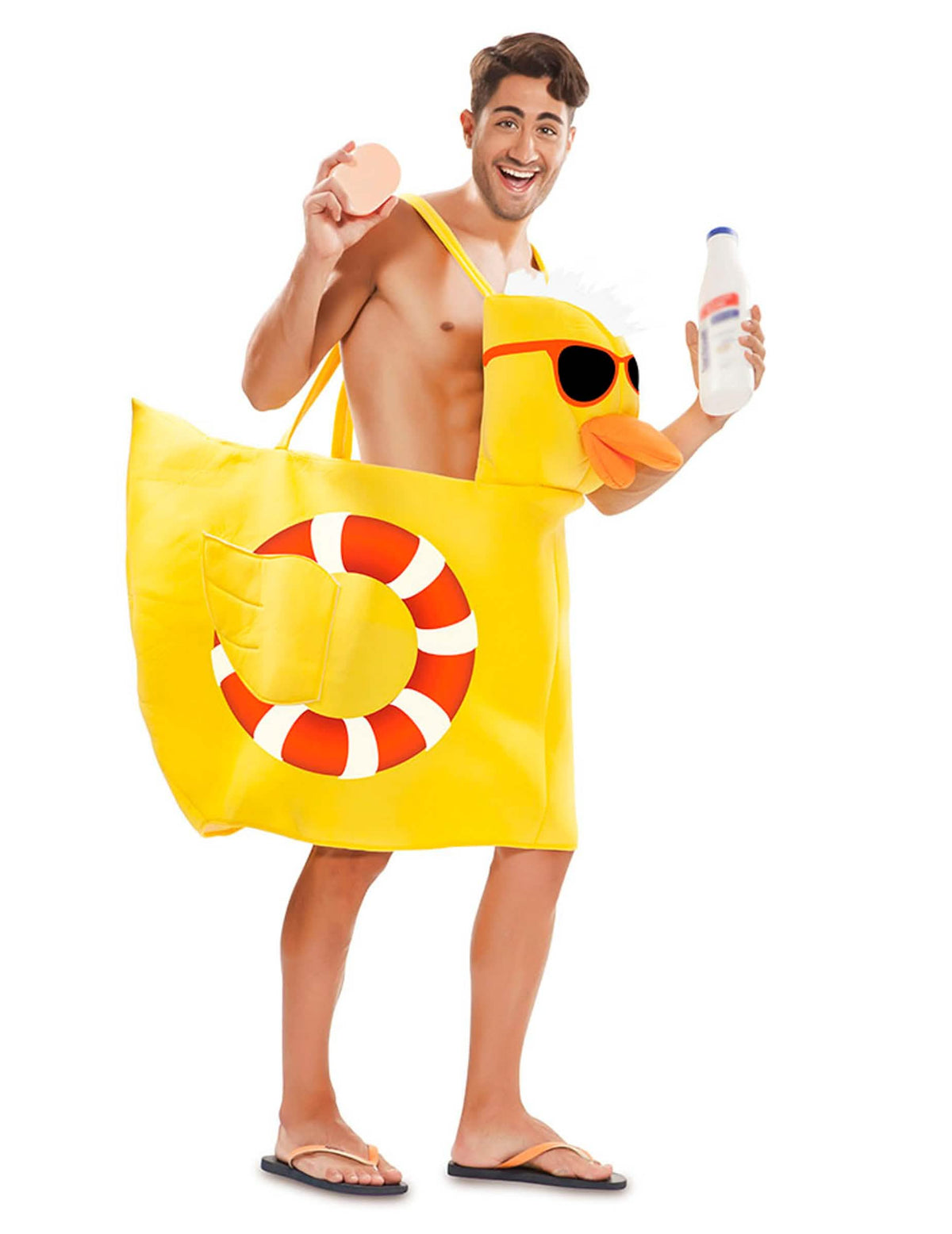 Gelbes Erwachsenen-Badeenten-Festkostüm mit Sonnenbrille und integrierter Schwimmboje