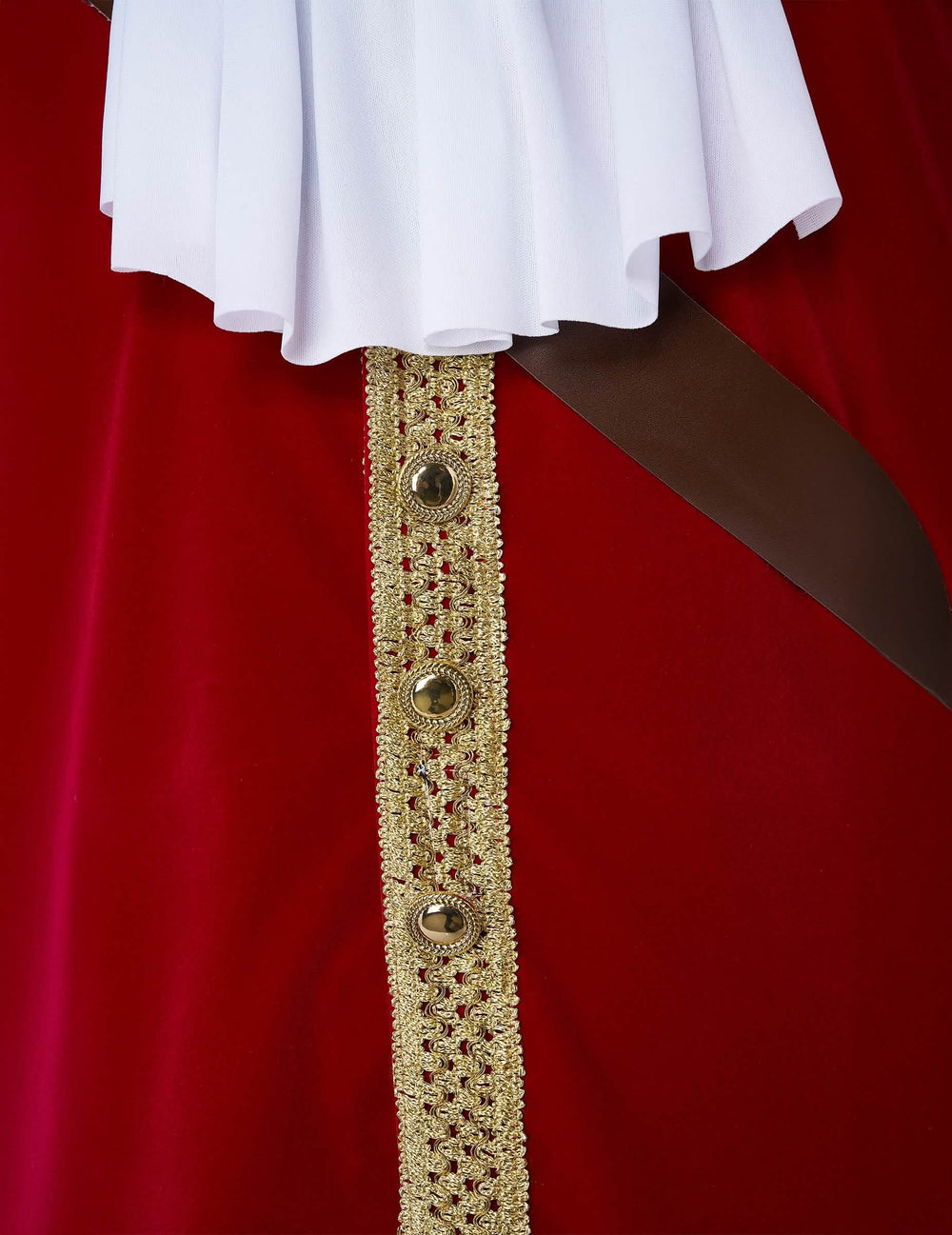 Detail des Jabot und der goldenen Borten des Luxus-Kostüms des Piratenkapitäns mit Haken