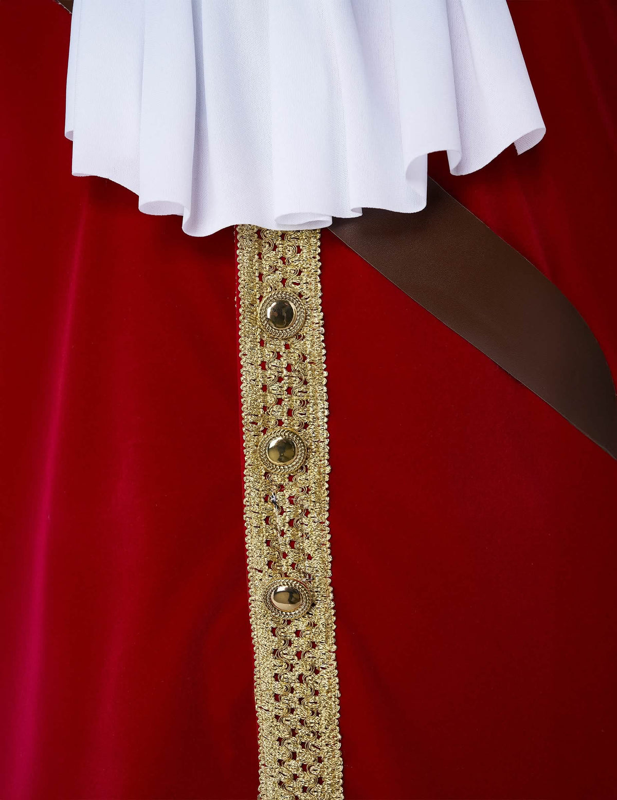 Detail des Jabot und der goldenen Borten des Luxus-Kostüms des Piratenkapitäns mit Haken