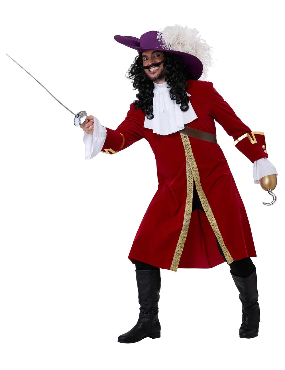 Actionpose mit Schwert des Luxus-Piratenkapitäns-Kostüms mit Hakenhand