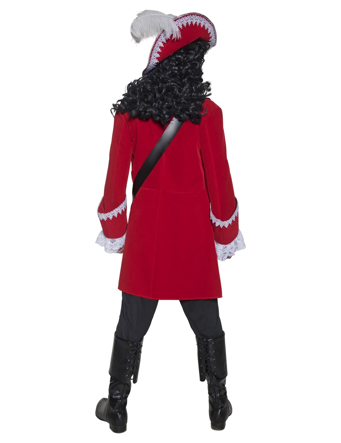 Vue de dos du déguisement capitaine pirate pour homme rouge luxe