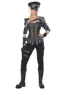 Déguisement de capitaine steampunk luxe pour femme noir et gris avec corset et chapeau
