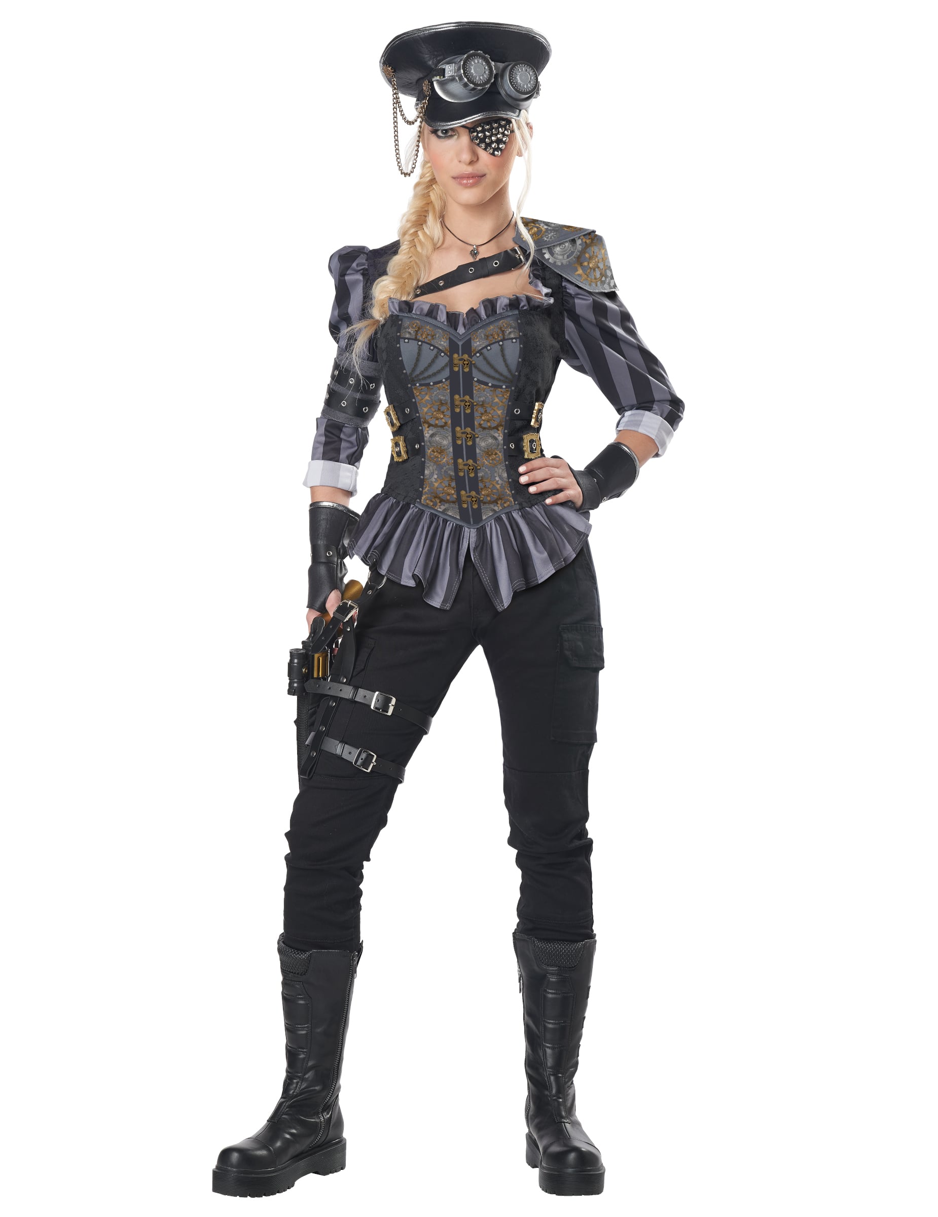 Déguisement de capitaine steampunk luxe pour femme noir et gris avec corset et chapeau