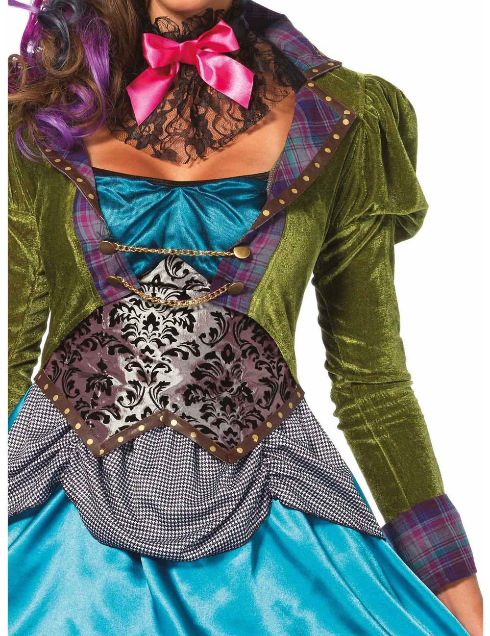 Nahaufnahme des Bustiers und der Materialien des verrückten Hutmacher-Kostüms für Damen