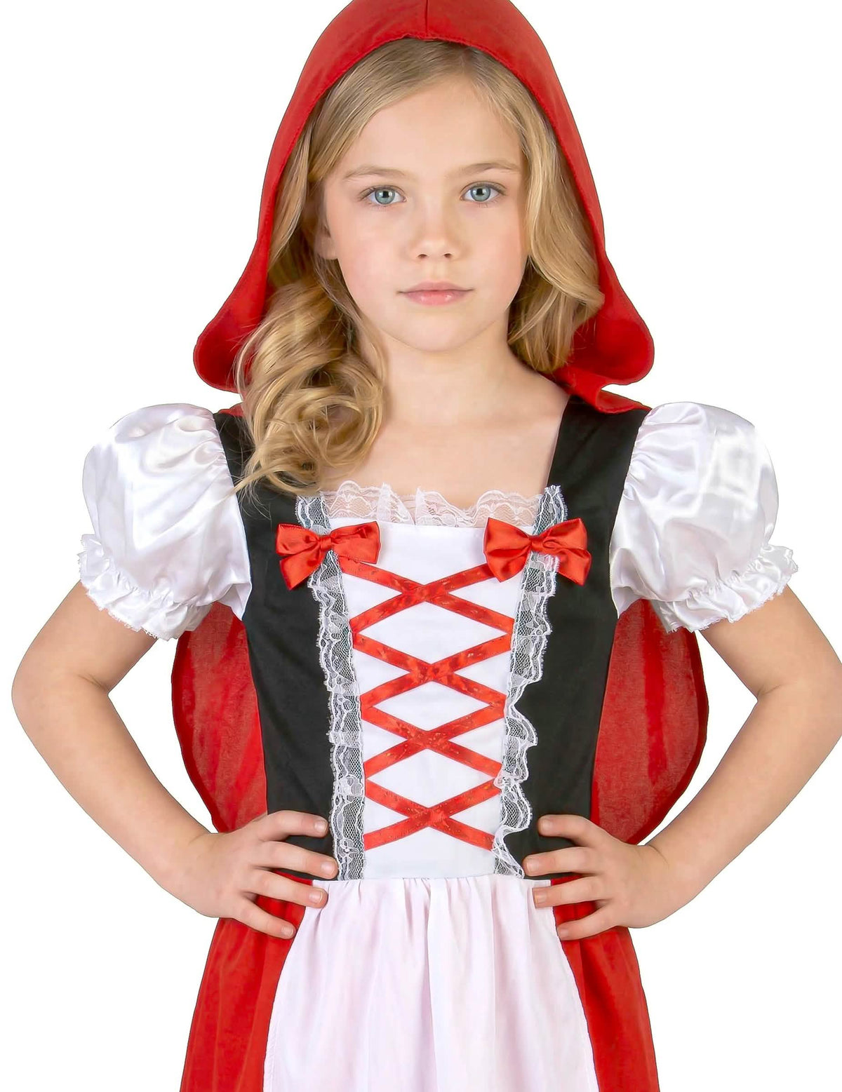 Gros plan sur le bustier à lacets du déguisement Chaperon rouge long