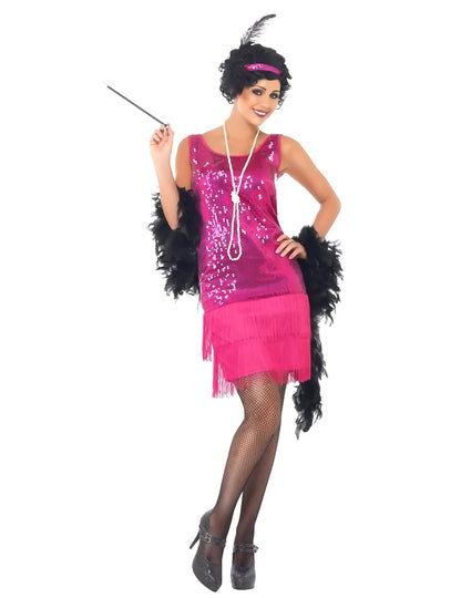Déguisement charleston pour femme rose à sequins et franges