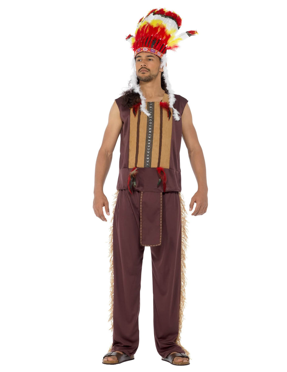 Déguisement de chef indien pour homme marron avec coiffe à plumes