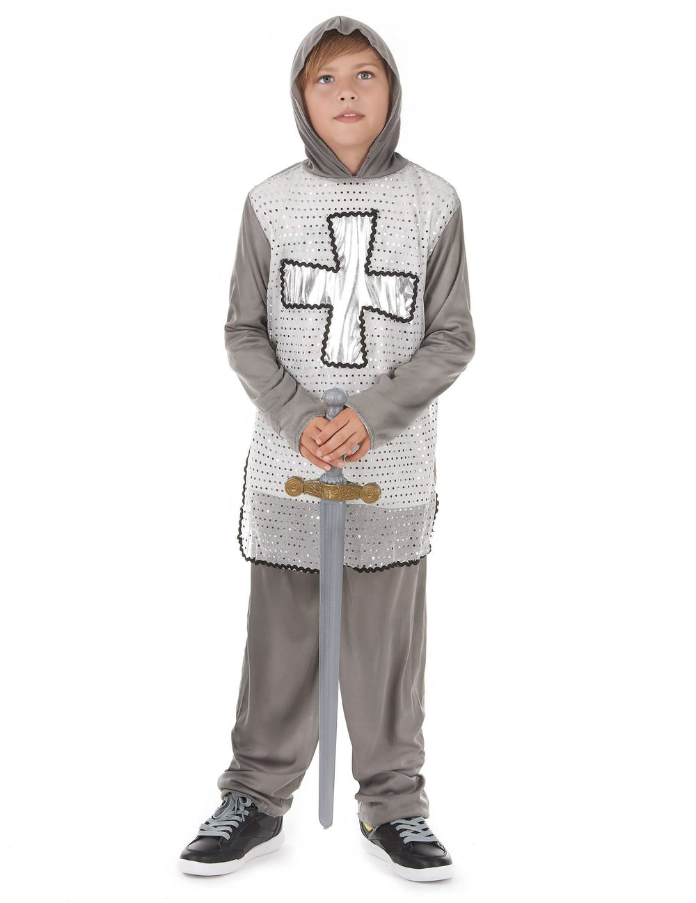 Ritterkostüm für Jungen in Grau mit silbernem Kreuz und Kapuze