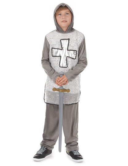 Ritterkostüm für Jungen in Grau mit silbernem Kreuz und Kapuze