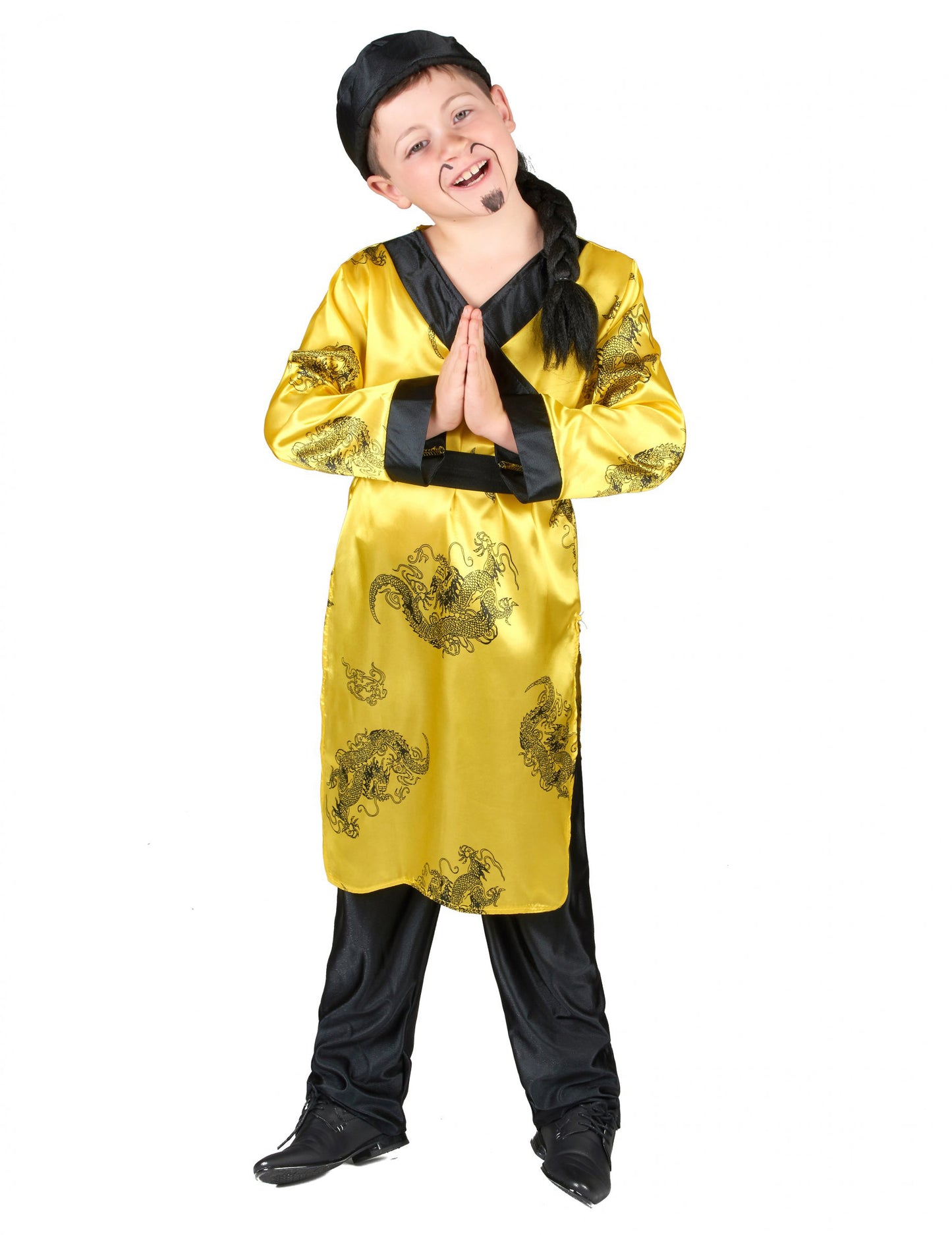 Déguisement chinois pour garçon jaune et noir à motifs dragons