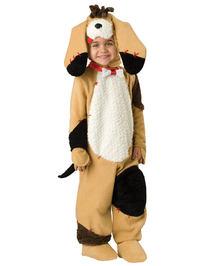 Beige Hundekostüm für Kinder mit schwarzen Flecken und weißem Bauch