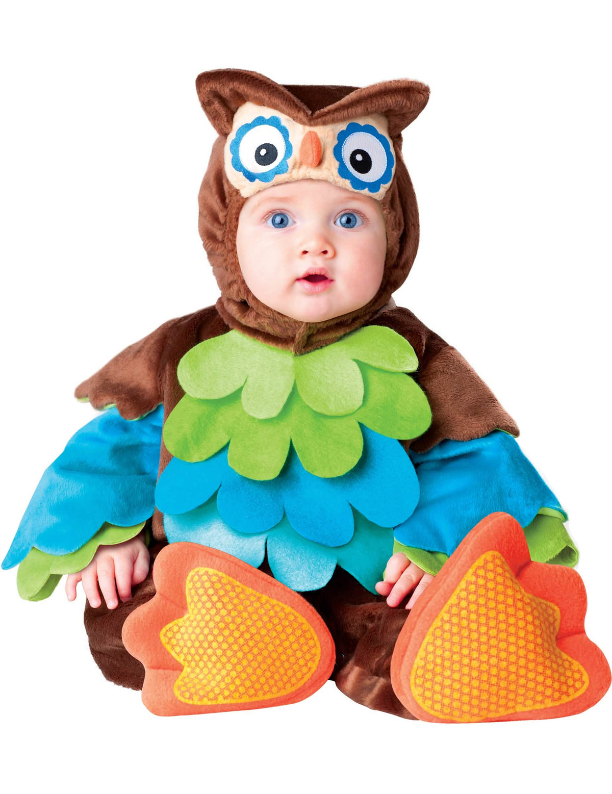 Eulenkostüm für Baby Braun mit grünen und blauen Federn