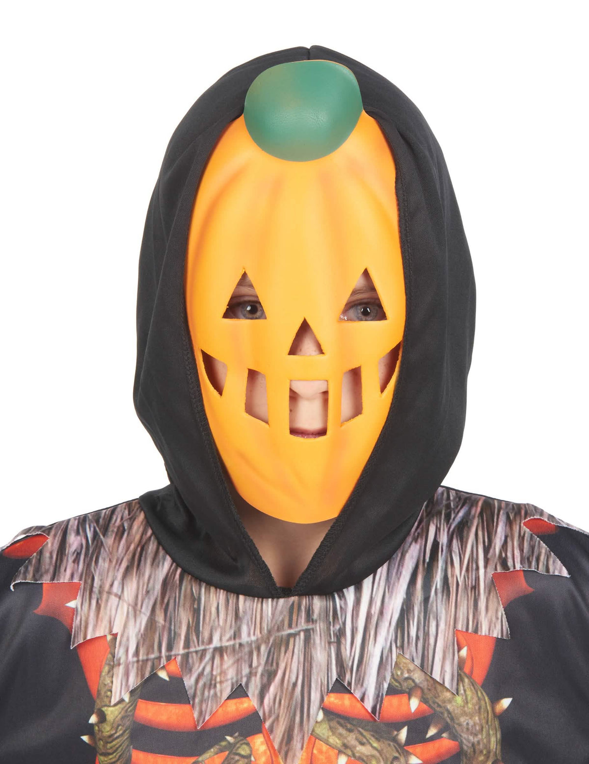 Gros plan sur le masque du déguisement citrouille squelette