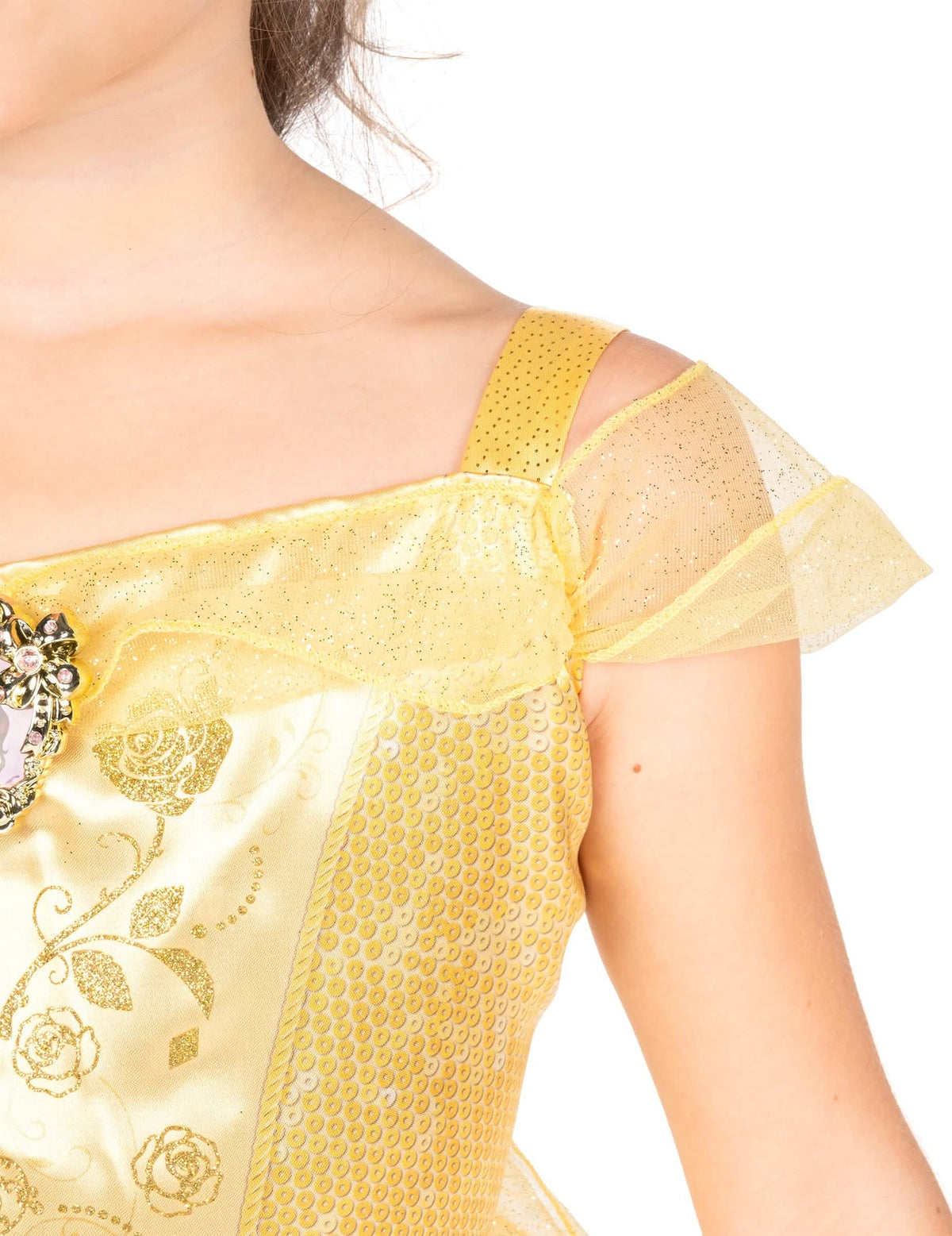 Détail des paillettes et de la manche en voile du déguisement classique Belle pour fille