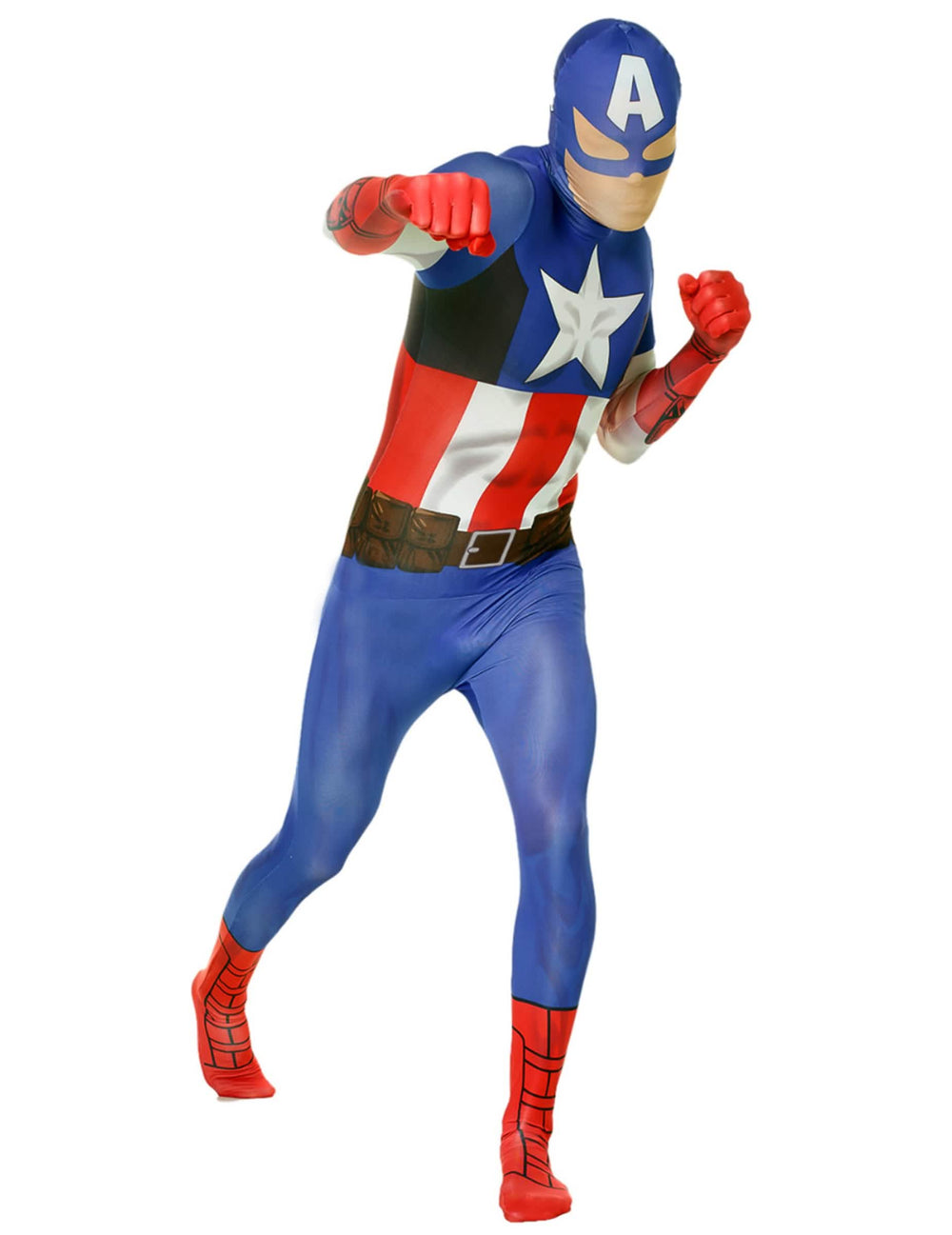 Klassisches Captain America™ Morphsuits™-Kostüm für Erwachsene Blau Weiß und Rot, komplett