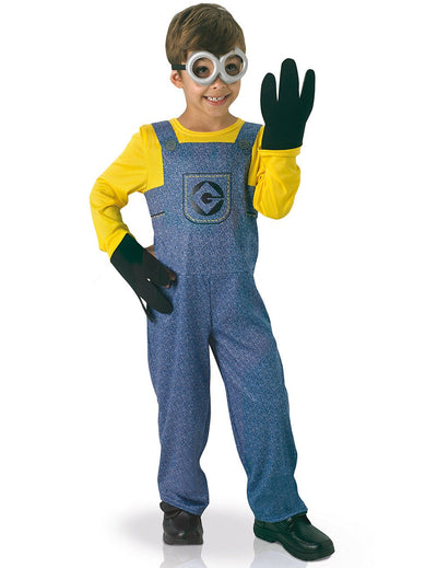 Klassisches Minion-Kostüm für Kinder in Gelb und Blau mit Brille und Handschuhen