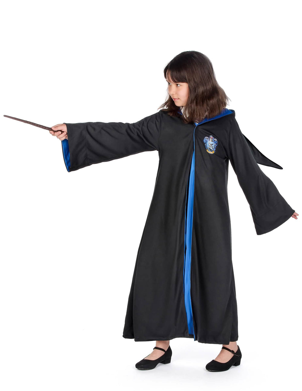 Dreiviertelansicht mit Zauberstab des klassischen Harry Potter™-Serdaigle-Kostüms