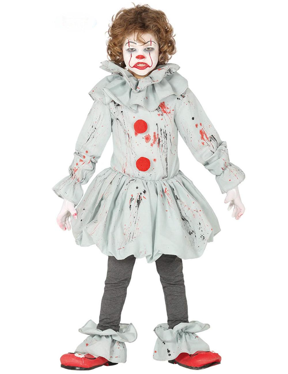 Déguisement de clown assassin pour garçon gris ensanglanté avec pompons rouges