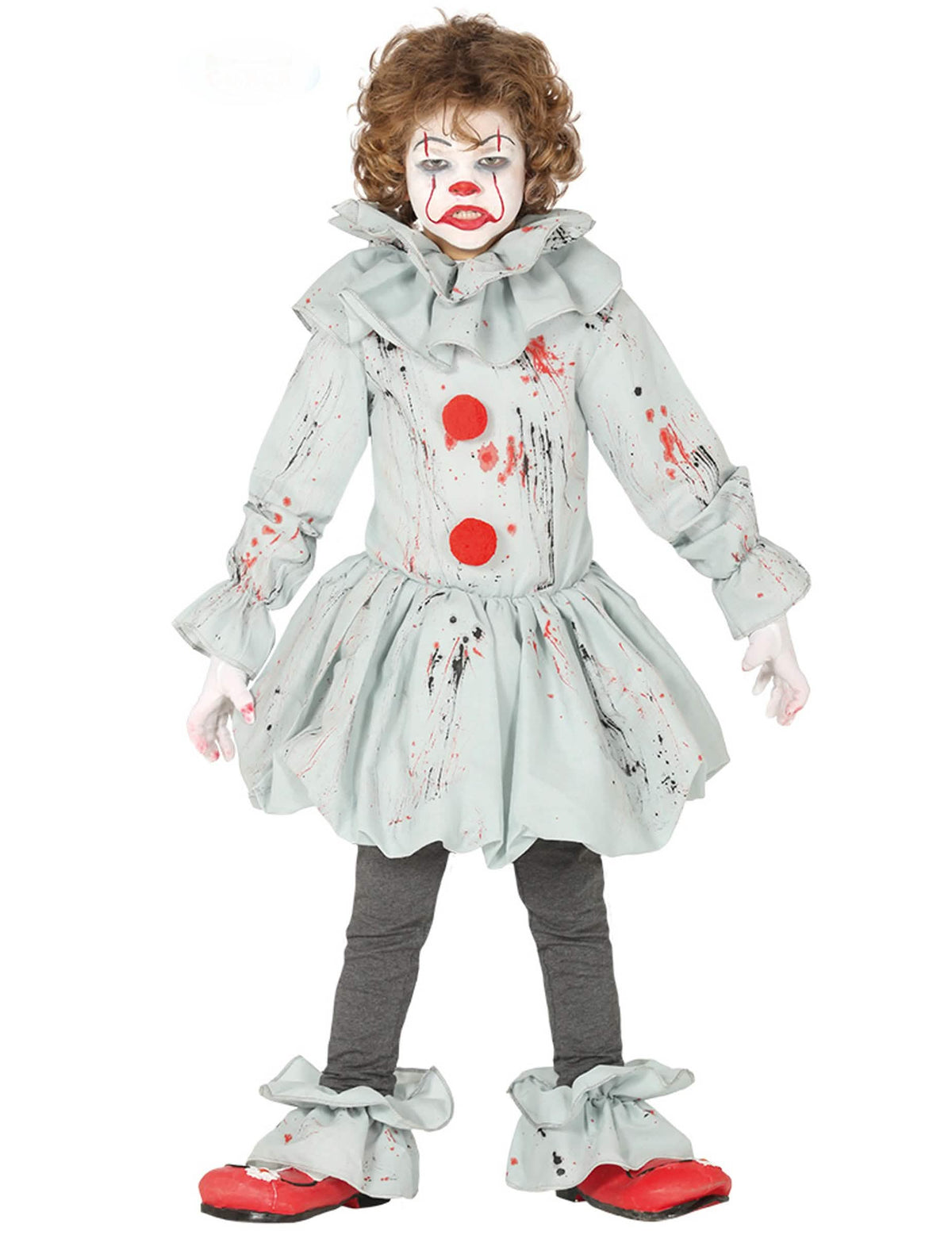 Déguisement de clown assassin pour garçon gris ensanglanté avec pompons rouges