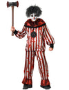 Déguisement Clown Cauchemardesque pour homme rayé rouge et blanc avec taches de sang et hache