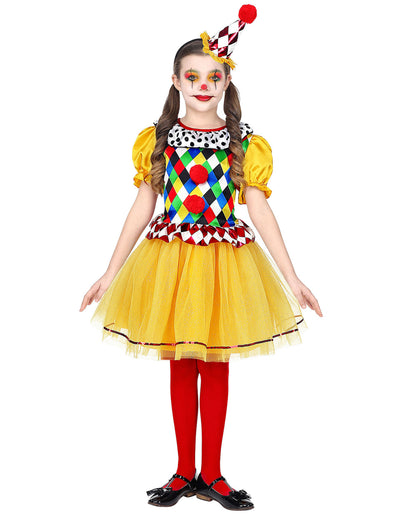 Buntes Clownskostüm für Mädchen, mehrfarbig mit gelbem Rock und spitzem Hut