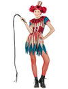 Déguisement clown tueur coloré Halloween pour femme multicolore à rayures avec fouet