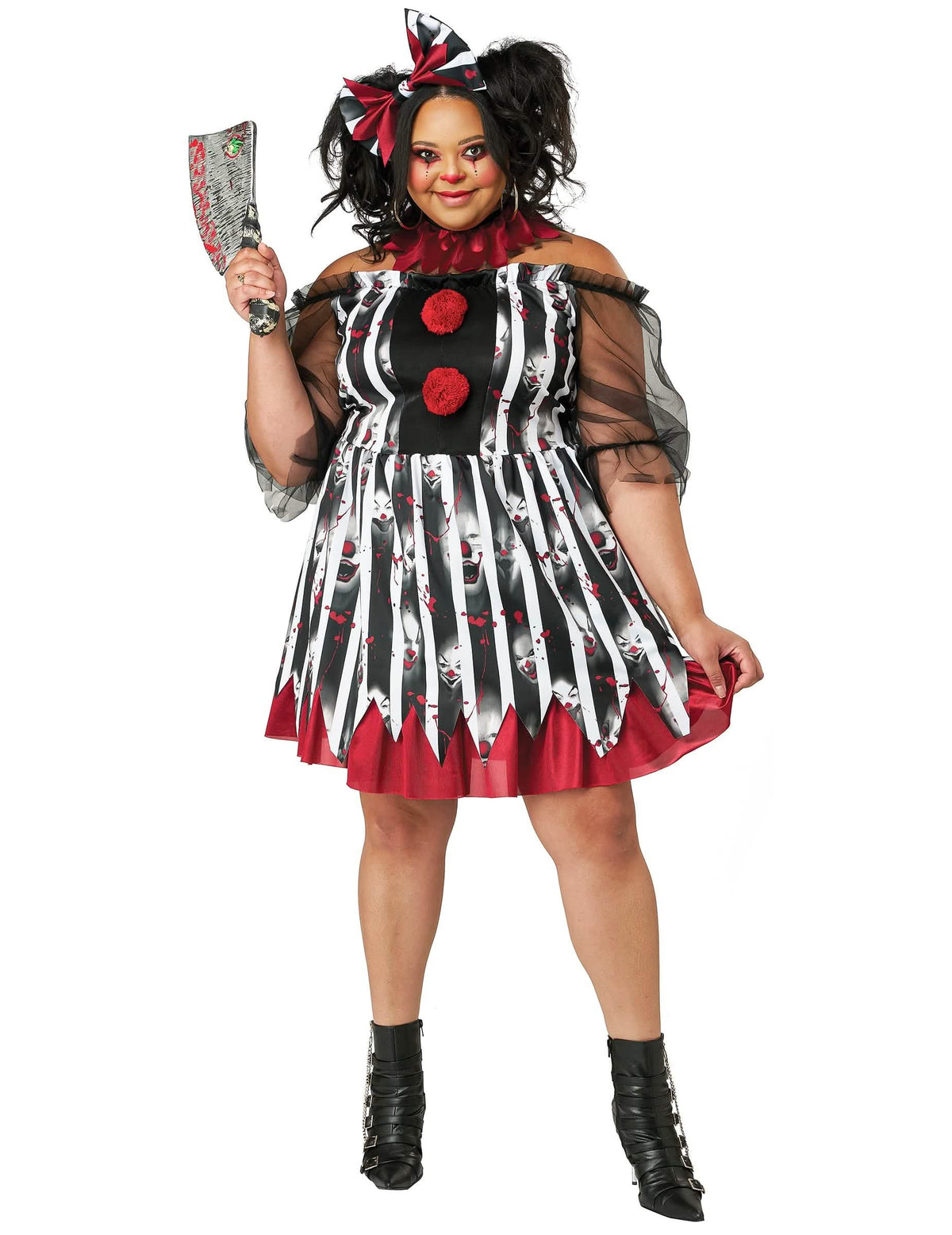 Déguisement clown dément luxe pour femme noir rouge et blanc avec pompons