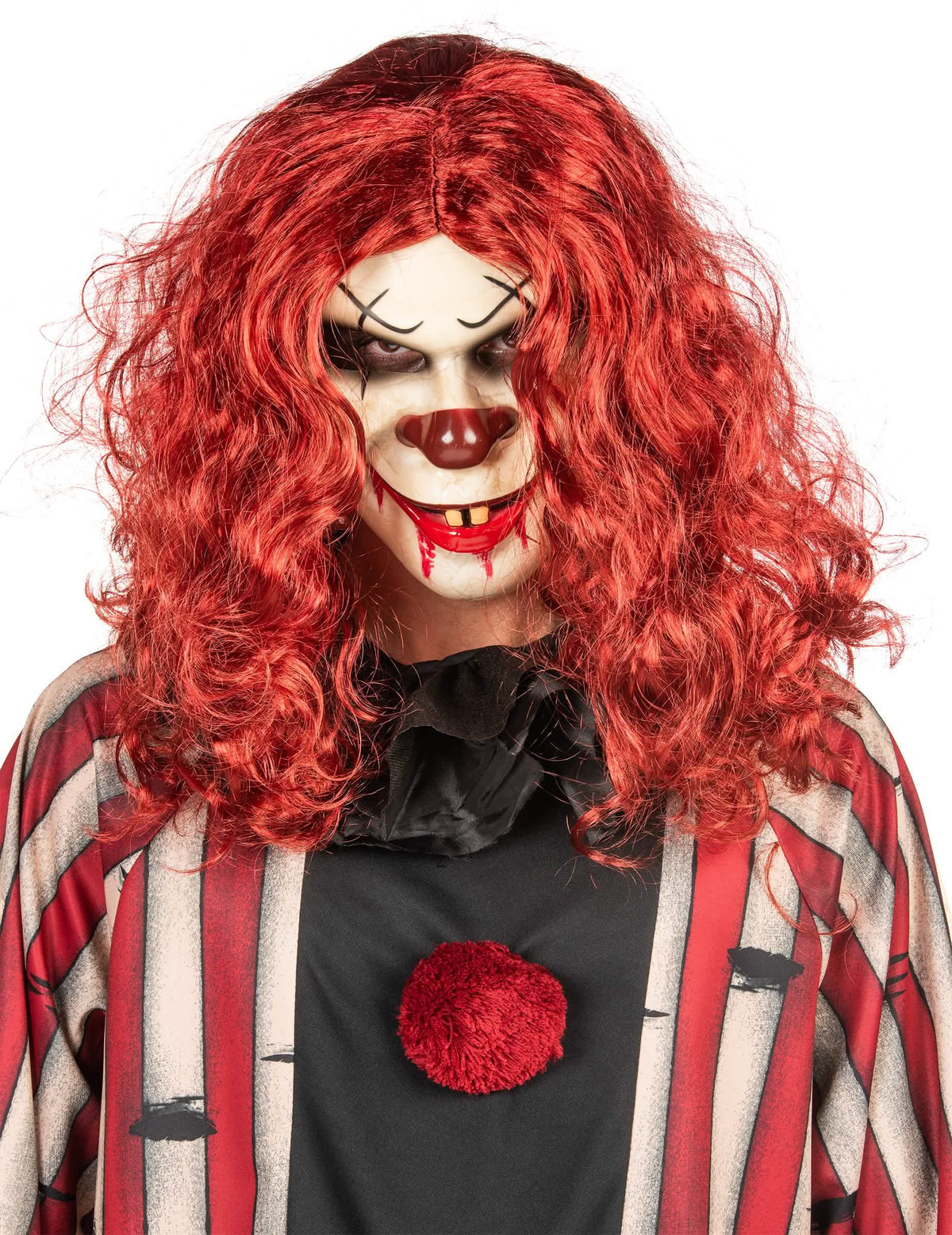 Gros plan sur le masque et la perruque rouge du déguisement de clown démoniaque luxe