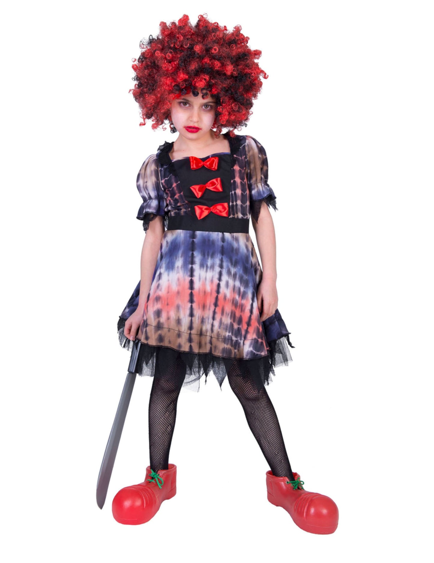 Déguisement de clown effrayant pour fille multicolore avec perruque rouge et noire