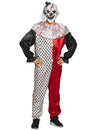 Déguisement de clown psycho pour adulte rouge noir et blanc à pois avec masque ensanglanté