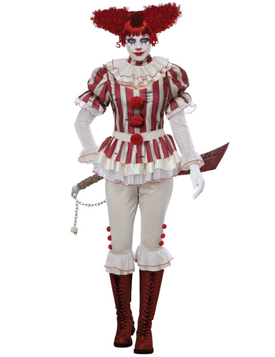 Luxus-Psycho-Clownkostüm mit Streifen für Damen, rot und weiß