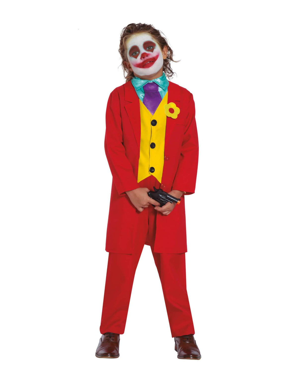 Verrücktes rotes Clown-Kostüm für Kinder, rot und gelb mit violetter Krawatte