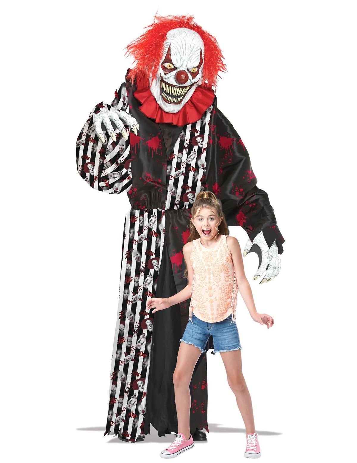 Situation, die die Größe des riesigen gruseligen Clownkostüms 2-in-1 zeigt
