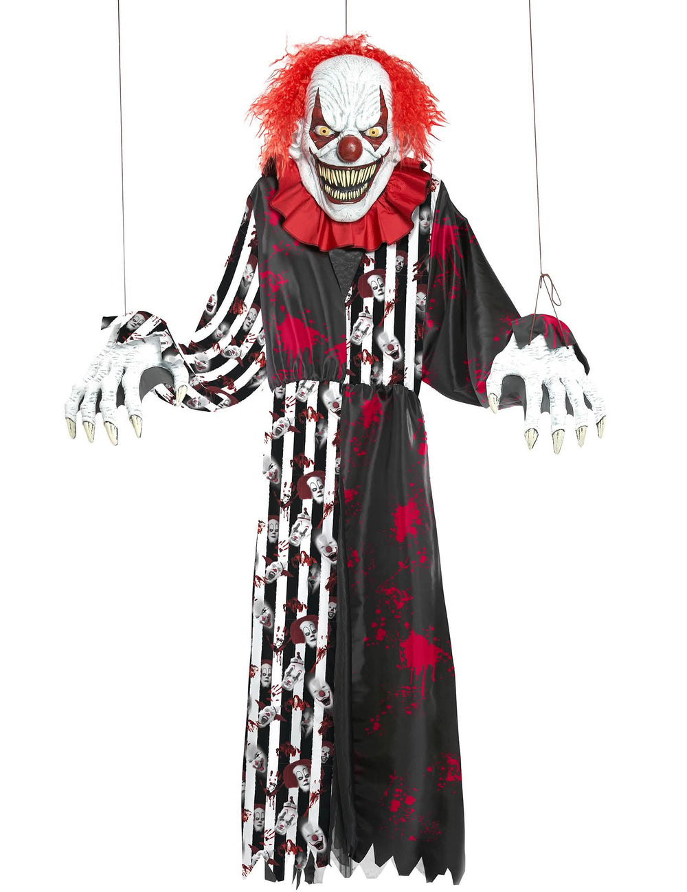 Vorderansicht mit Aufhängefäden des riesigen 2-in-1 furchterregenden Clown-Kostüms