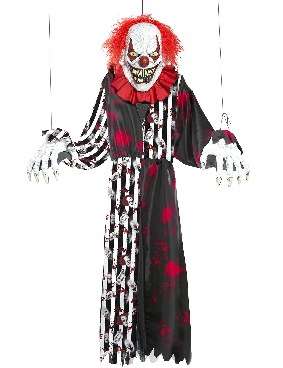 Vorderansicht mit Aufhängefäden des riesigen 2-in-1 furchterregenden Clown-Kostüms