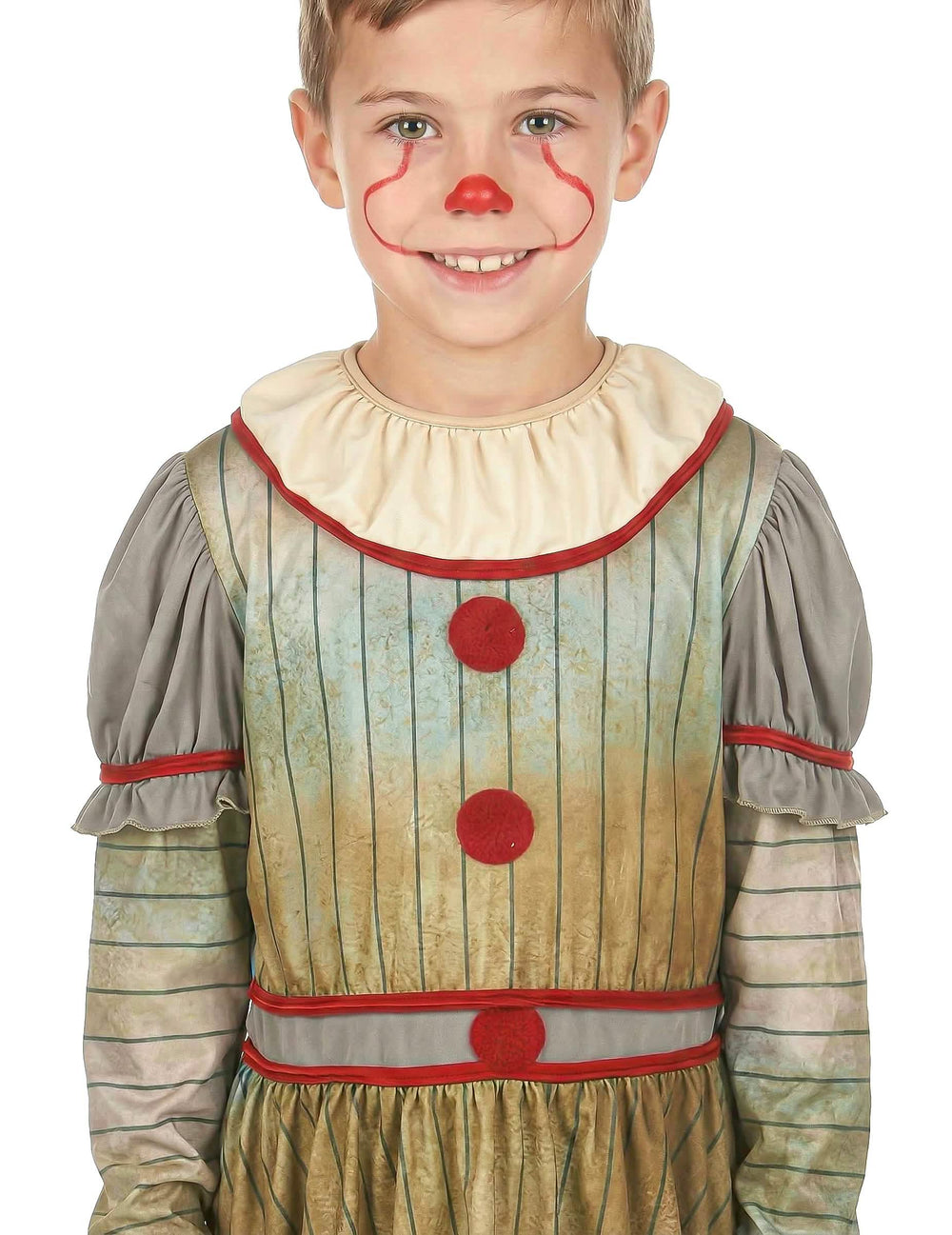Nahaufnahme von Schminke und Oberkörper des schaurigen Clownkostüms