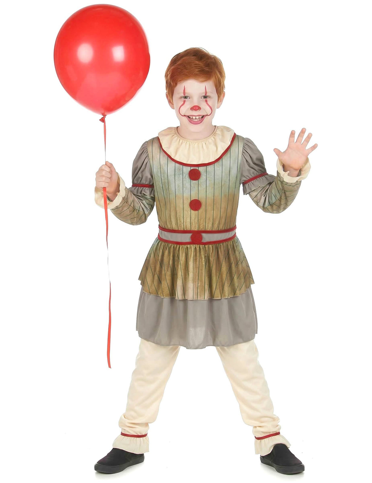 Furchteinflößendes Clown-Kostüm für Jungen Farbe Grau mit Ballon und roten Cheerleader Pompons