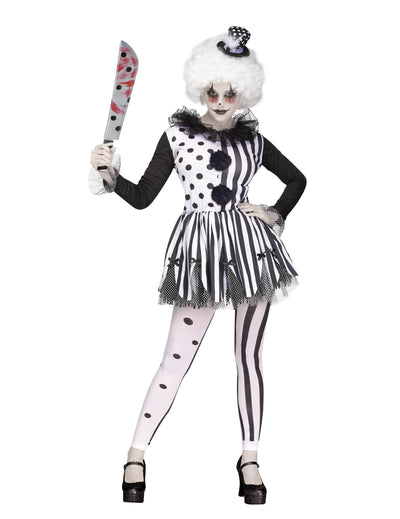 Déguisement clown tueur pour femme noir et blanc à rayures et pois