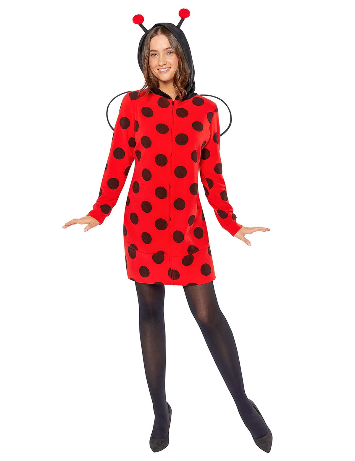 Déguisement coccinelle à pois pour femme rouge et noir avec capuche et ailes