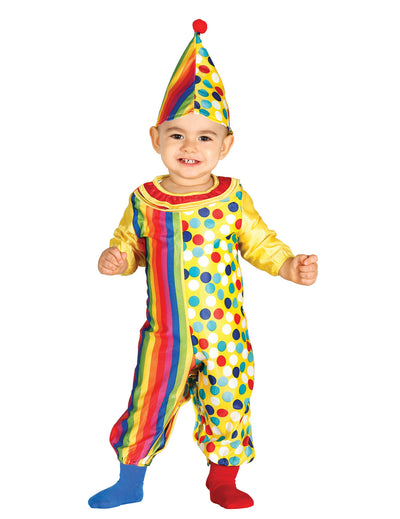 Déguisement combinaison clown pour bébé multicolore à rayures et à pois avec chapeau