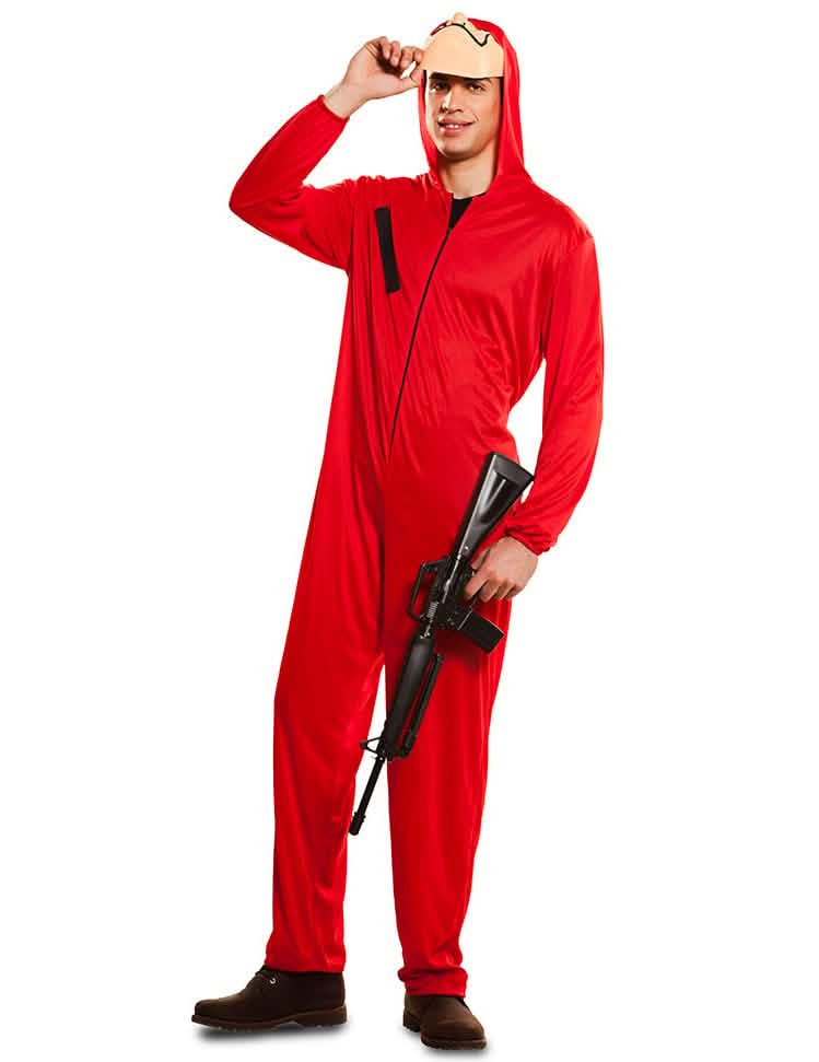 Übersicht mit Nachbildungswaffe des Kostüms Overall und Maske La Casa de Papel für Erwachsene